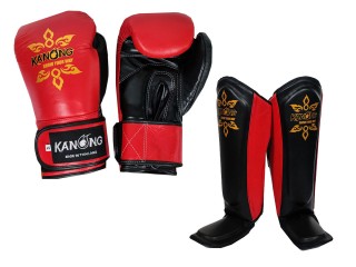 Kanong Muay Thai Leather Gloves + Shin Pads : Red/Black